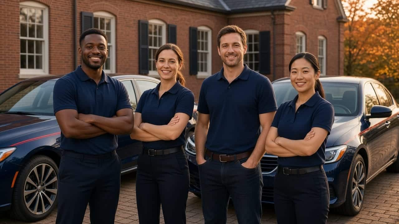 The R & M Rides team of drivers and monitors standing with their navy sedans