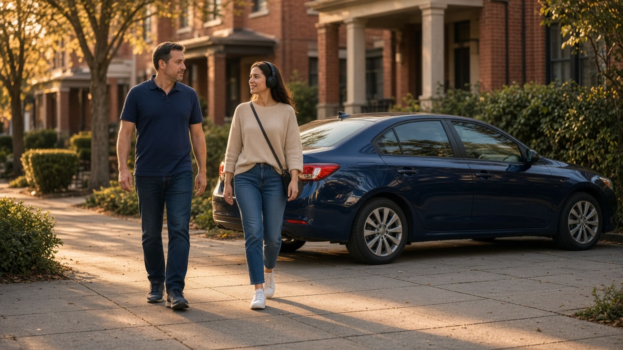 R & M Rides driver walking beside a young adult rider with headphones toward a parked navy sedan with its doors closed