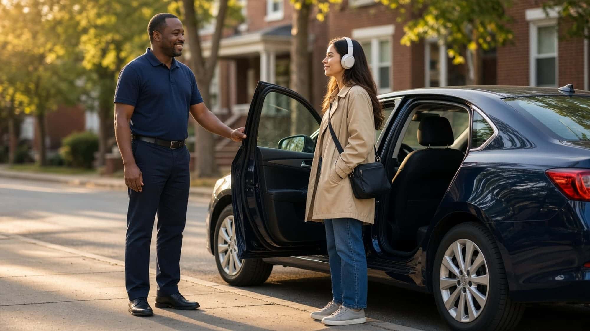 R & M Rides driver holding the sedan door open for a young adult woman with headphones on a quiet residential street