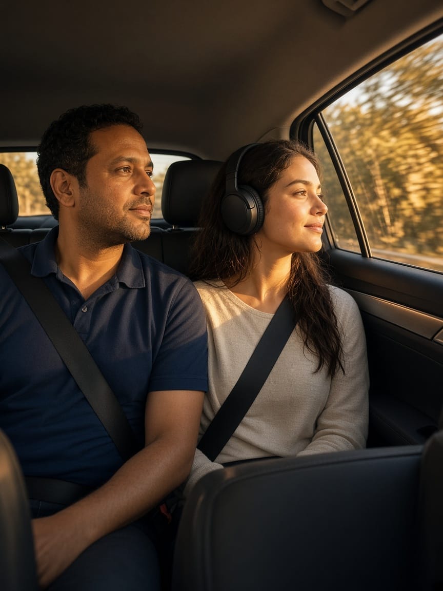 R & M Rides monitor riding beside a young adult passenger wearing headphones in a calm cabin