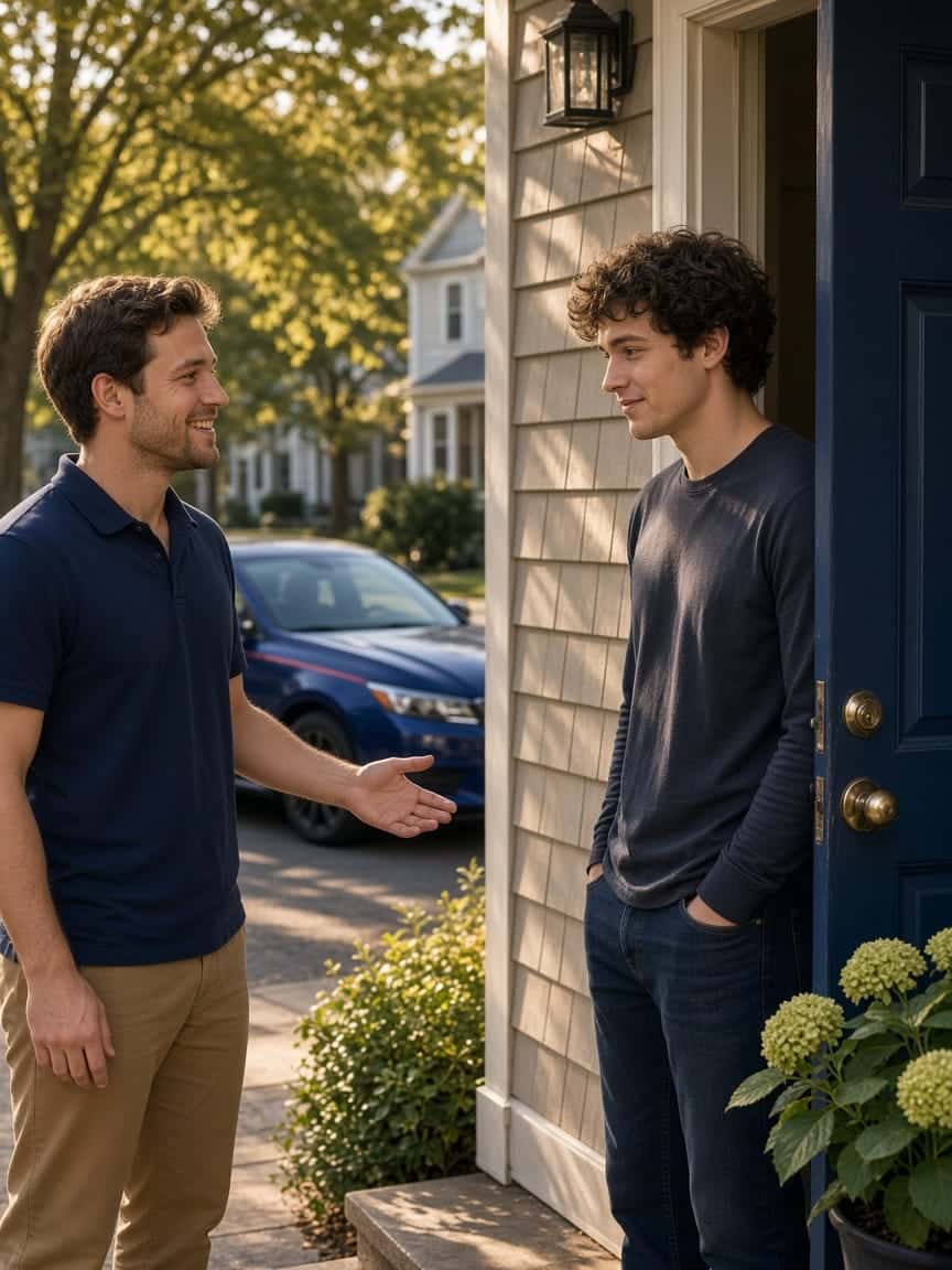 R & M Rides caregiver greeting a young adult rider at his front door before a scheduled trip