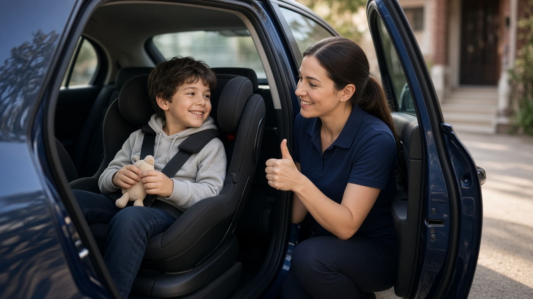 R & M Rides driver giving a buckled-in young child a reassuring thumbs-up before a scheduled trip