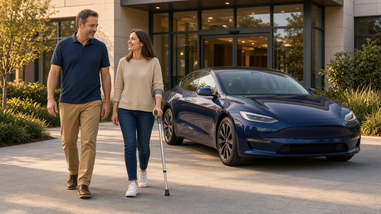 R & M Rides monitor walking beside a young adult woman using a crutch toward a navy sedan at a clinic